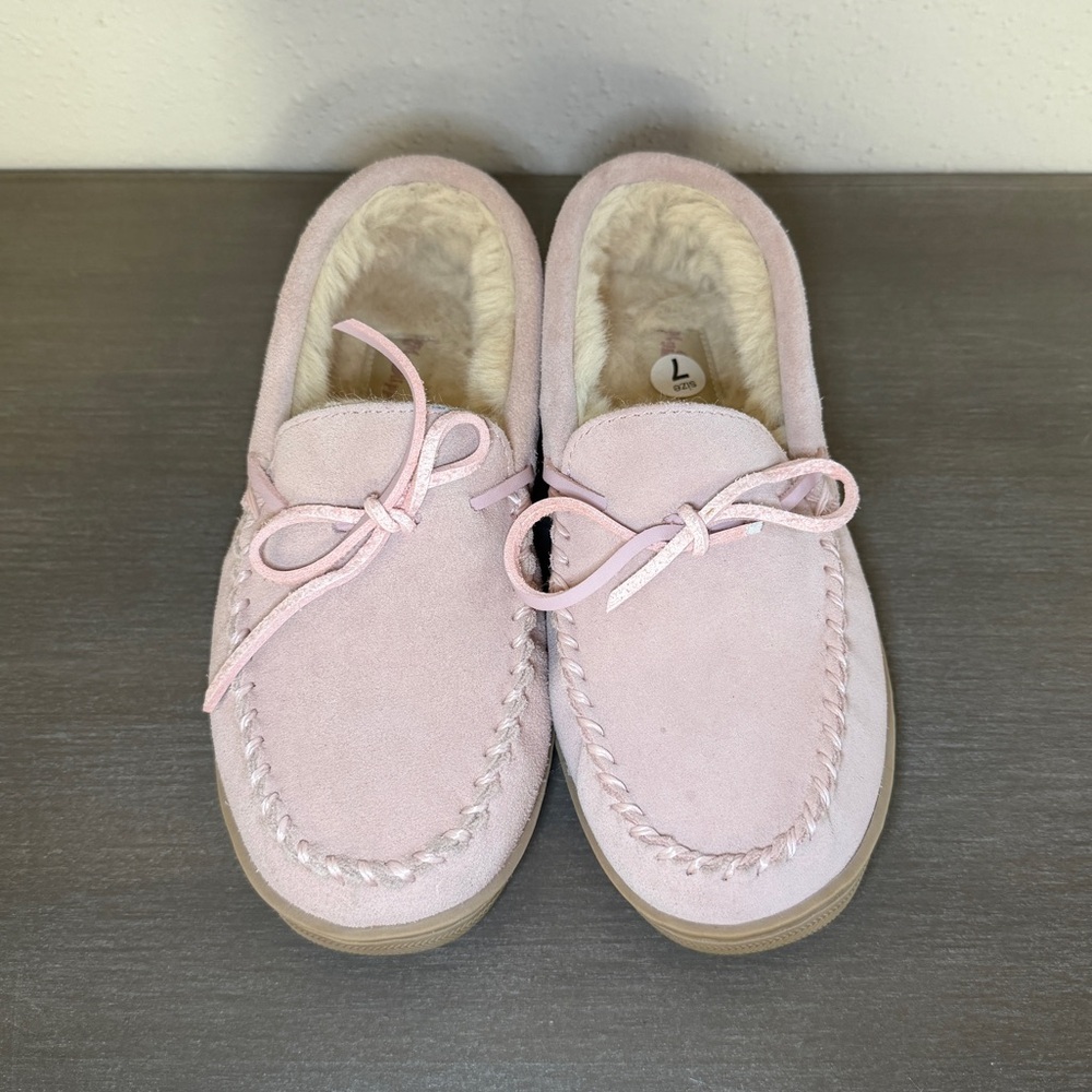 My Slippers MyPillow Pink Suede Faux Fur Lined Moccasin Slippers Women's Size 7 - Picture 4 of 7